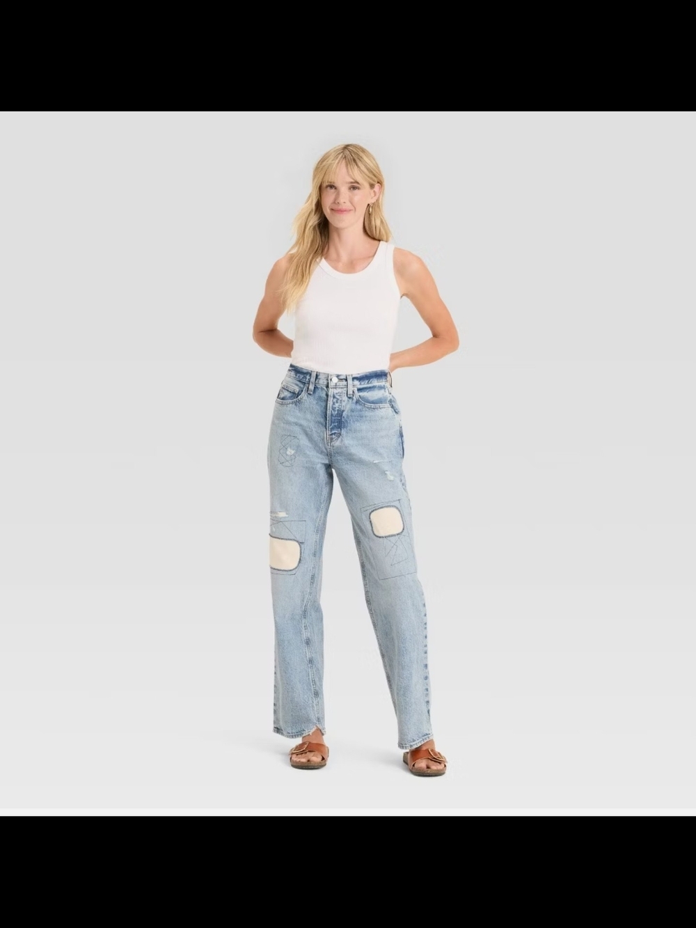 Universal Thread 90s Baggy Light Blue Straight-Leg Jeans with Beige Knee Patches